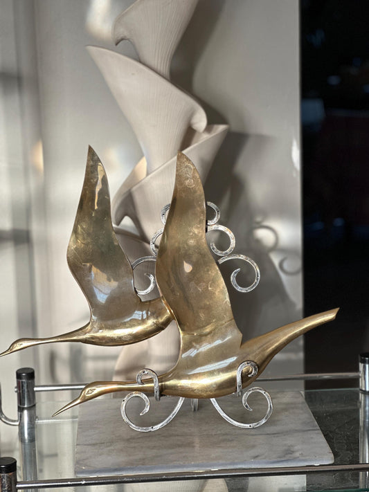 Vintage 1970s Brass Birds in Flight Wall Hanging | Large Mid Century Modern Brass Geese Sculpture | Hollywood Regency Wall Art | 24” x 19”