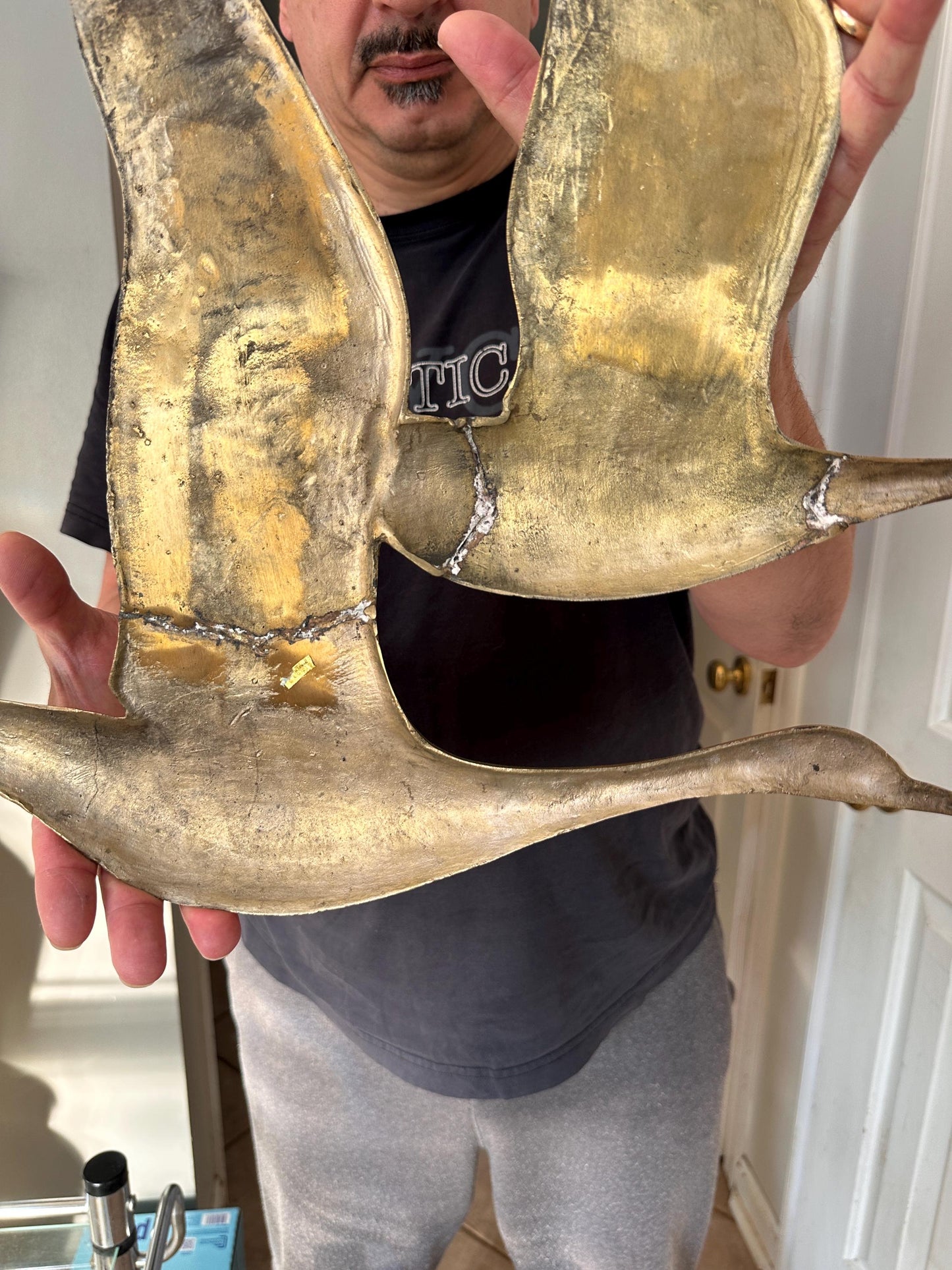Vintage 1970s Brass Birds in Flight Wall Hanging | Large Mid Century Modern Brass Geese Sculpture | Hollywood Regency Wall Art | 24” x 19”