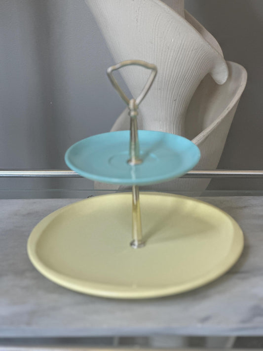 Handcrafted Vintage Boonton Melamine 2-Tier Serving Stand – Blue & Yellow Tidbit Tray – Mid-Century Modern Dessert Display