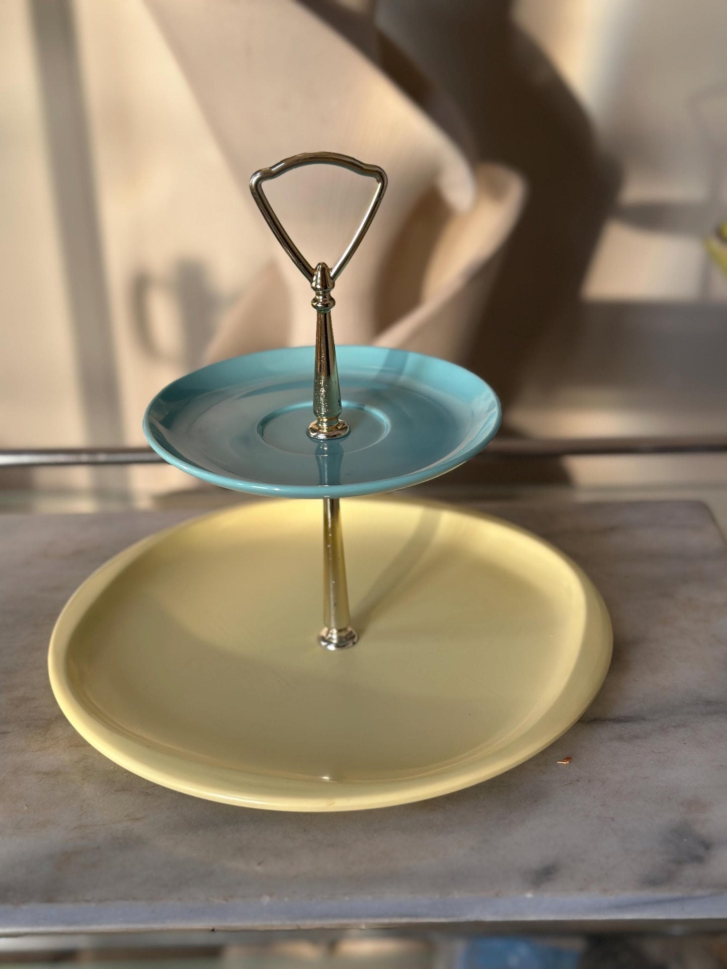 Handcrafted Vintage Boonton Melamine 2-Tier Serving Stand – Blue & Yellow Tidbit Tray – Mid-Century Modern Dessert Display