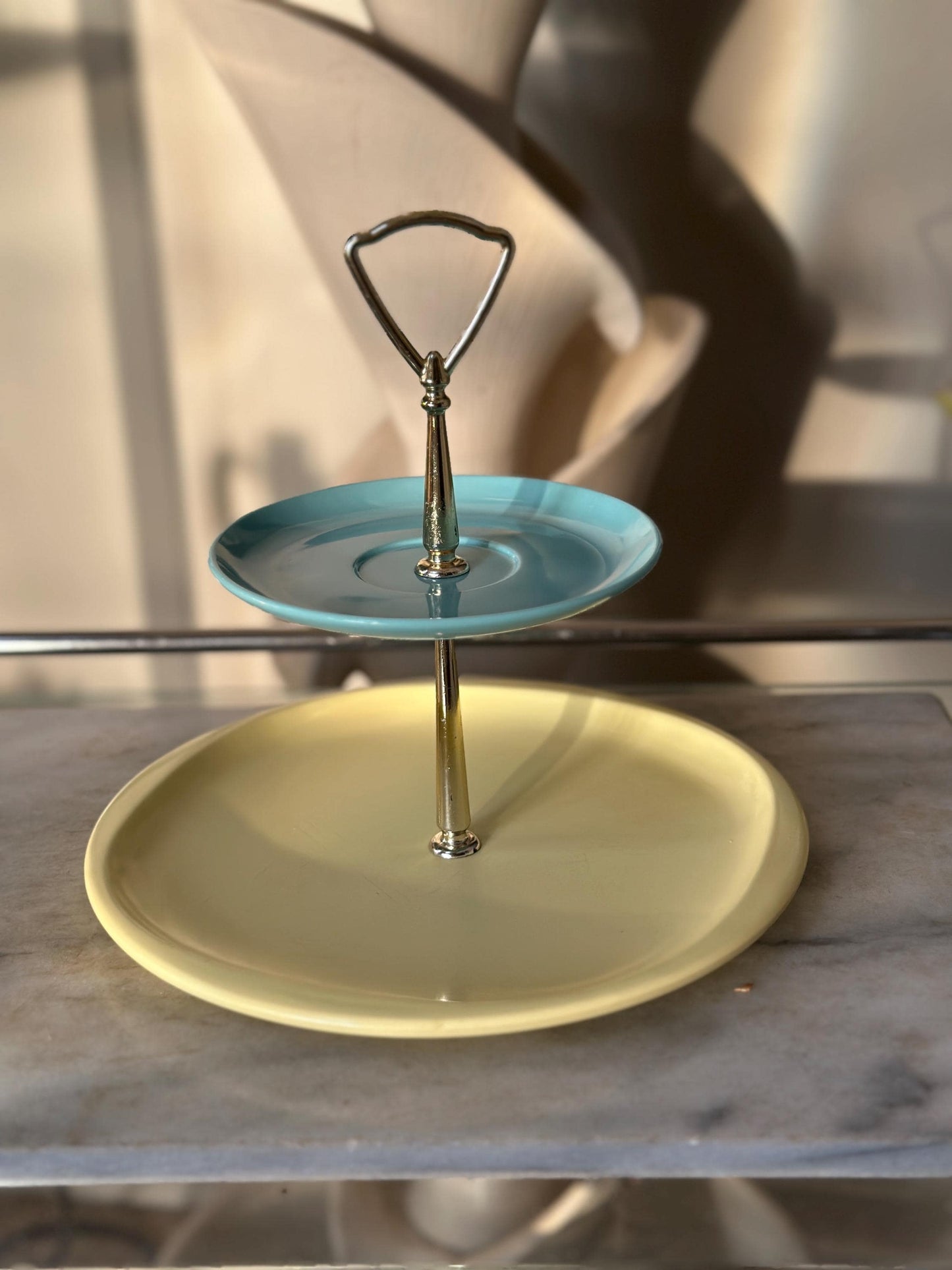 Handcrafted Vintage Boonton Melamine 2-Tier Serving Stand – Blue & Yellow Tidbit Tray – Mid-Century Modern Dessert Display