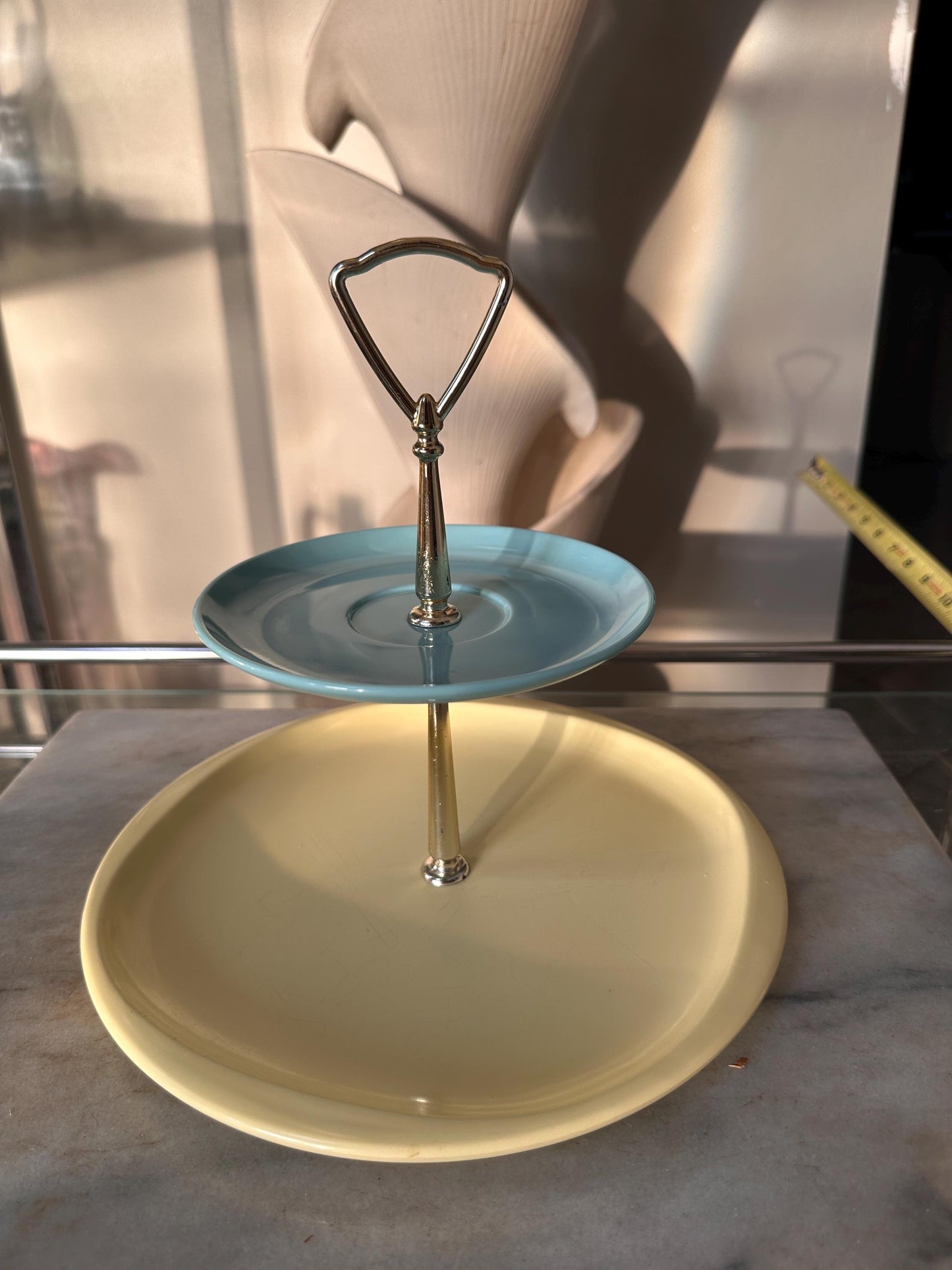 Handcrafted Vintage Boonton Melamine 2-Tier Serving Stand – Blue & Yellow Tidbit Tray – Mid-Century Modern Dessert Display