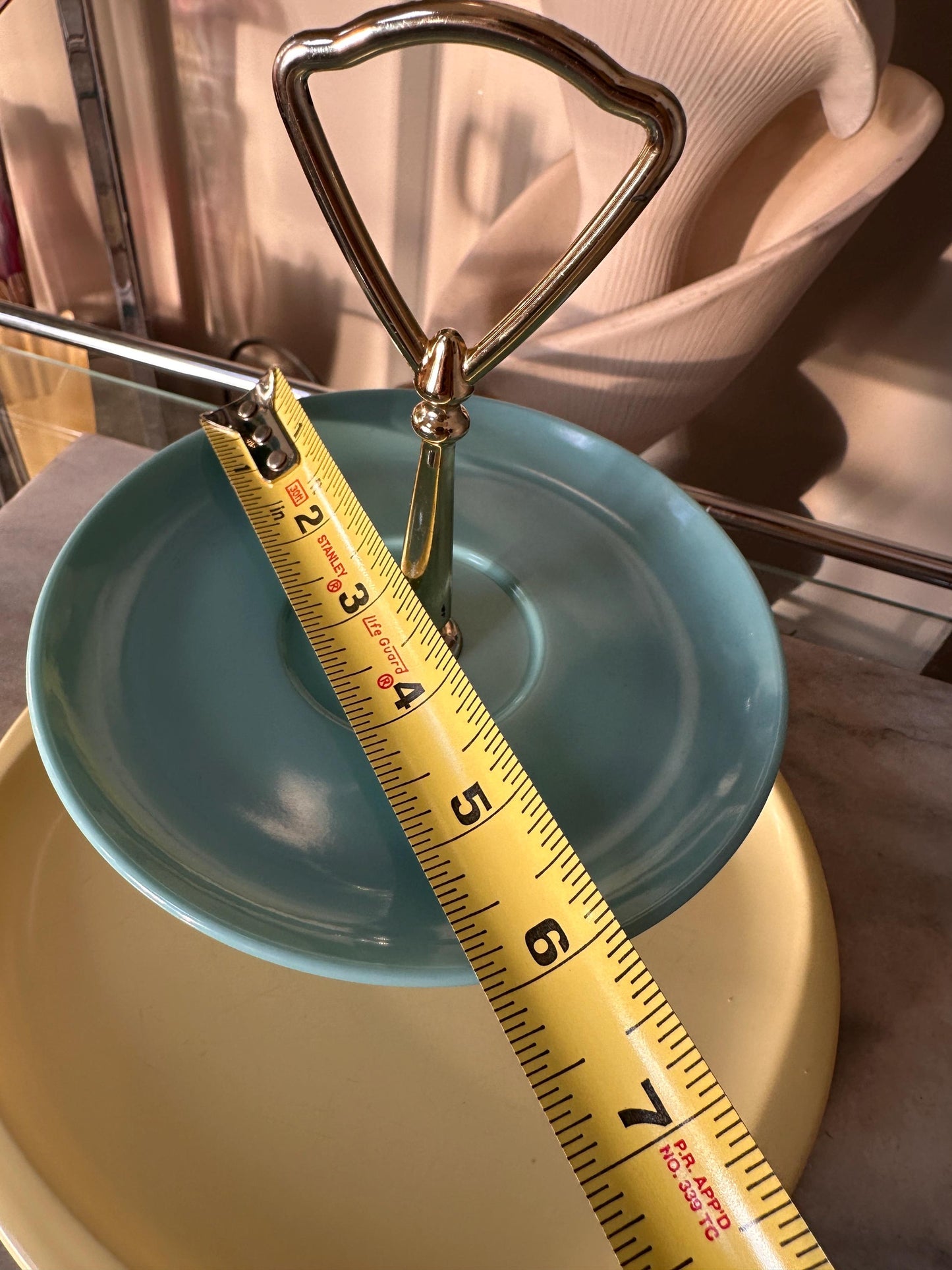 Handcrafted Vintage Boonton Melamine 2-Tier Serving Stand – Blue & Yellow Tidbit Tray – Mid-Century Modern Dessert Display