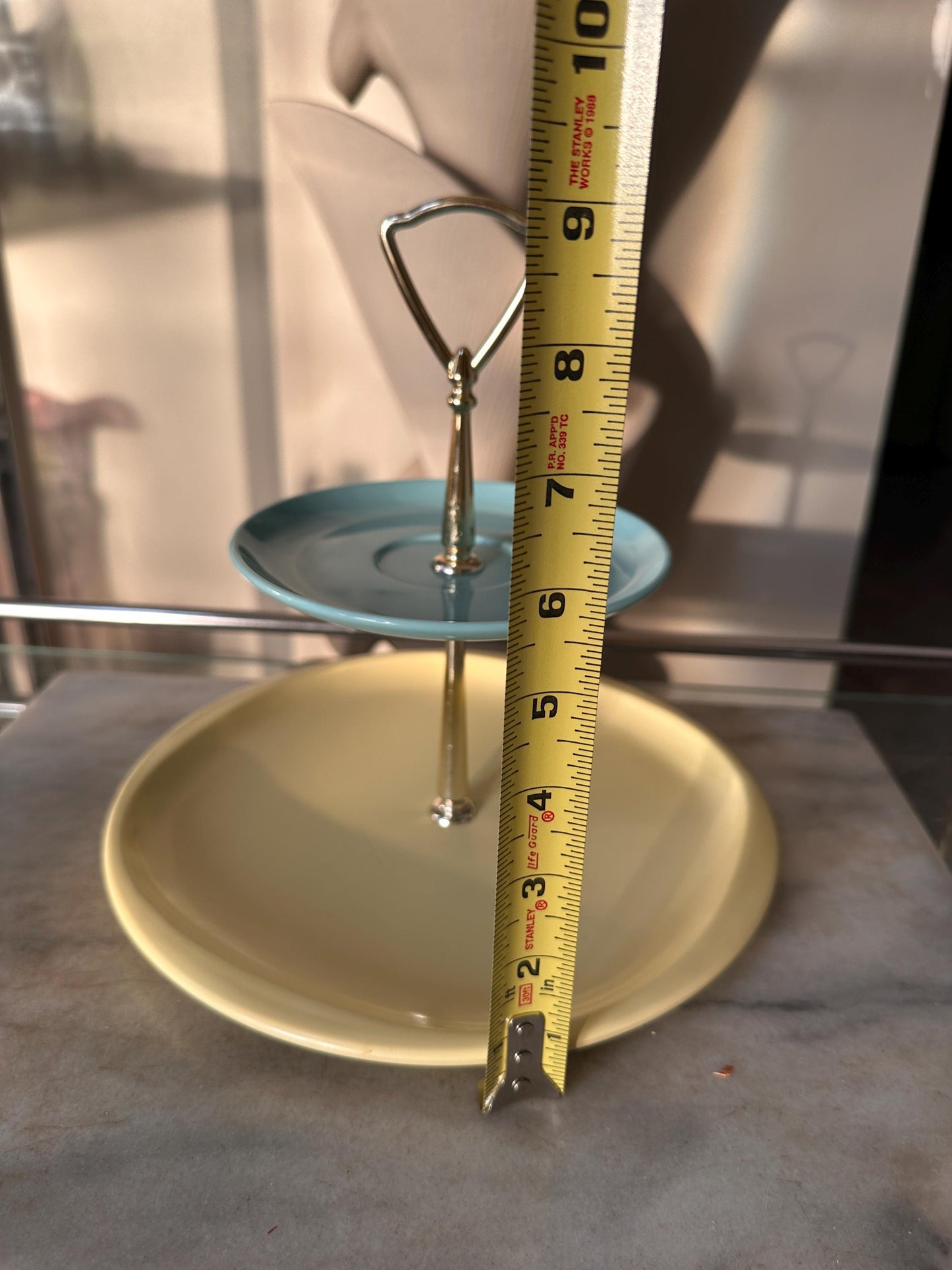 Handcrafted Vintage Boonton Melamine 2-Tier Serving Stand – Blue & Yellow Tidbit Tray – Mid-Century Modern Dessert Display