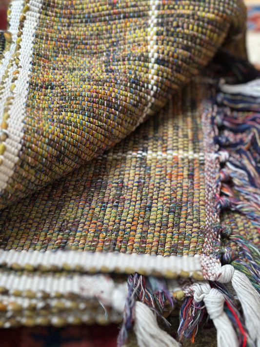 Vintage Hand Woven Cotton Runner Rug Olive Green Lime Purple White Fringe Boho Farmhouse 102” x 25”