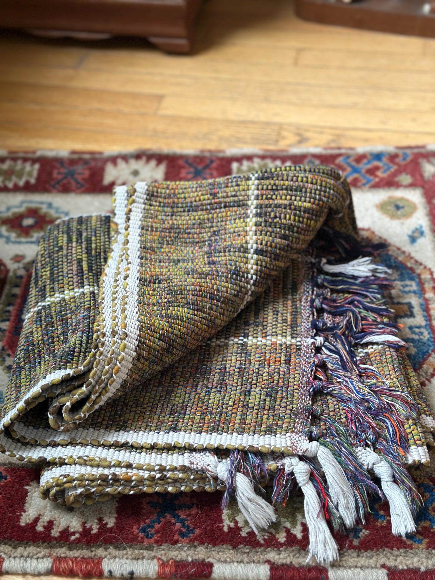 Vintage Hand Woven Cotton Runner Rug Olive Green Lime Purple White Fringe Boho Farmhouse 102” x 25”