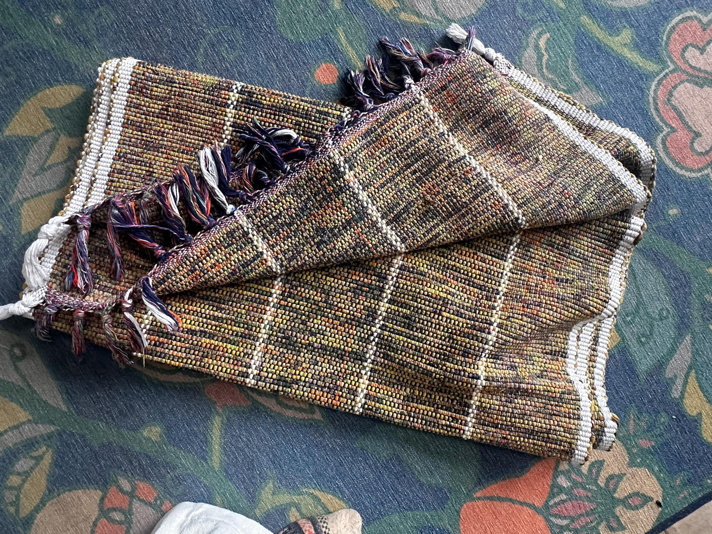 Vintage Hand Woven Cotton Runner Rug Olive Green Lime Purple White Fringe Boho Farmhouse 102” x 25”