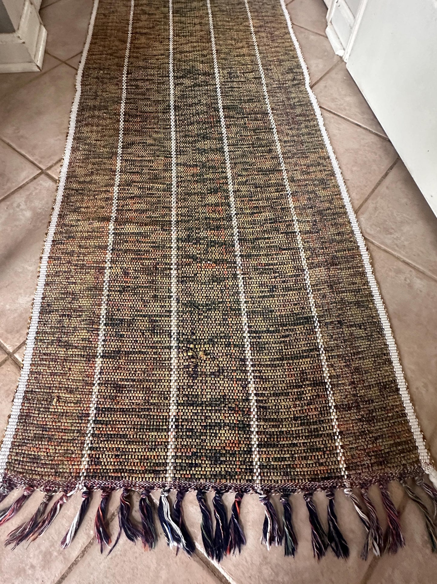 Vintage Hand Woven Cotton Runner Rug Olive Green Lime Purple White Fringe Boho Farmhouse 102” x 25”