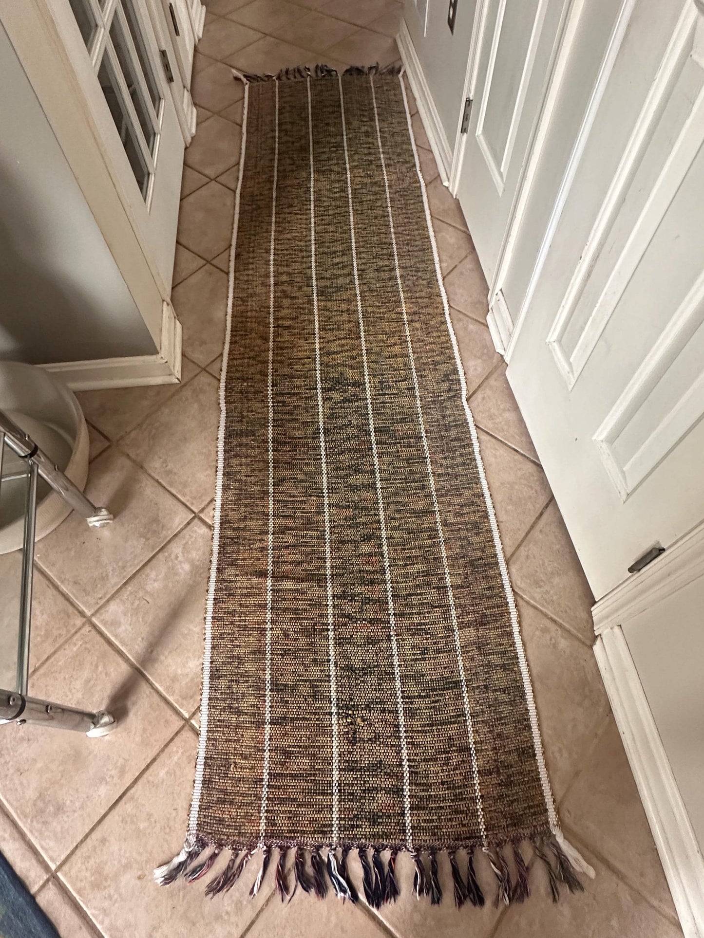 Vintage Hand Woven Cotton Runner Rug Olive Green Lime Purple White Fringe Boho Farmhouse 102” x 25”