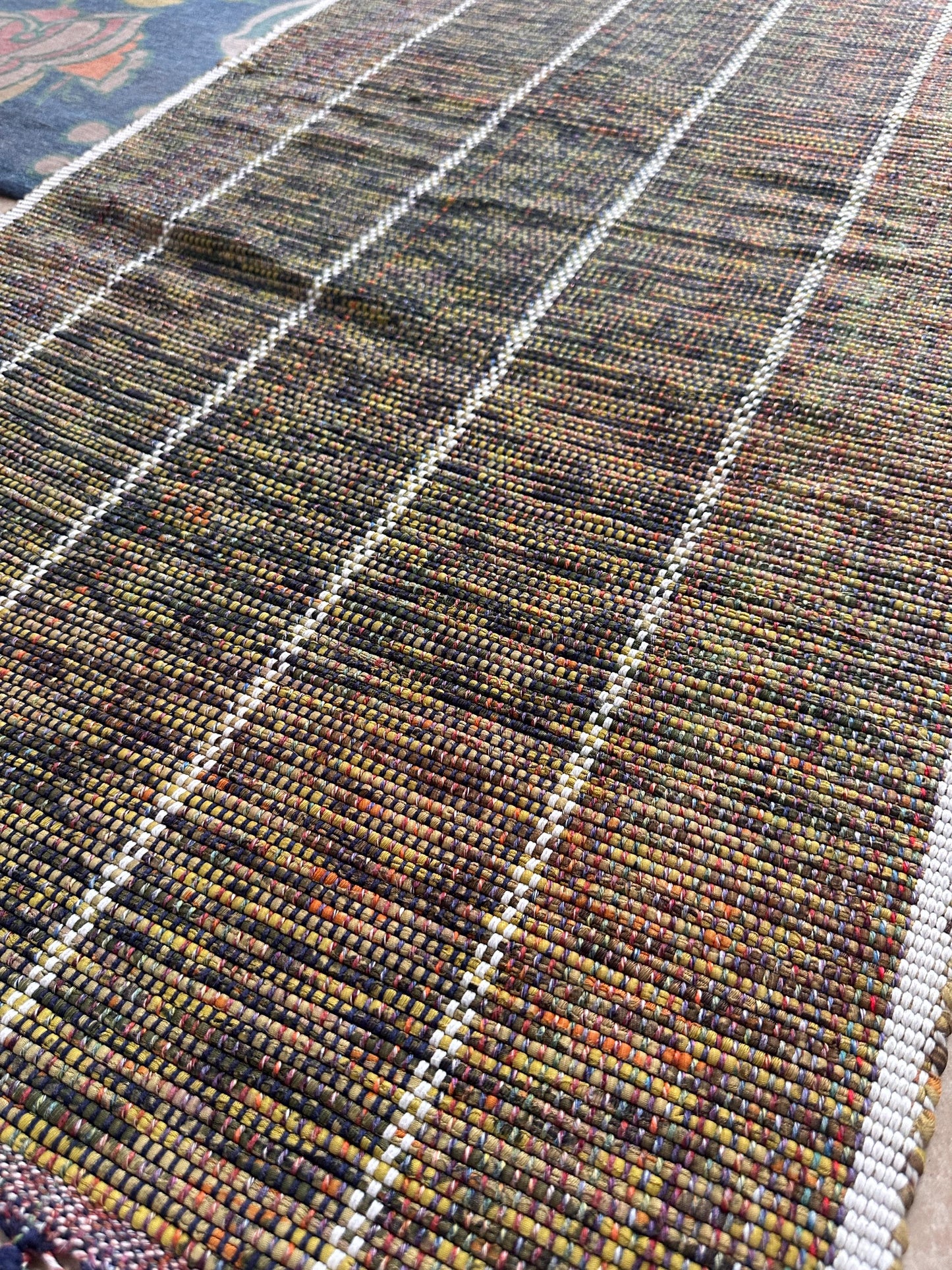Vintage Hand Woven Cotton Runner Rug Olive Green Lime Purple White Fringe Boho Farmhouse 102” x 25”