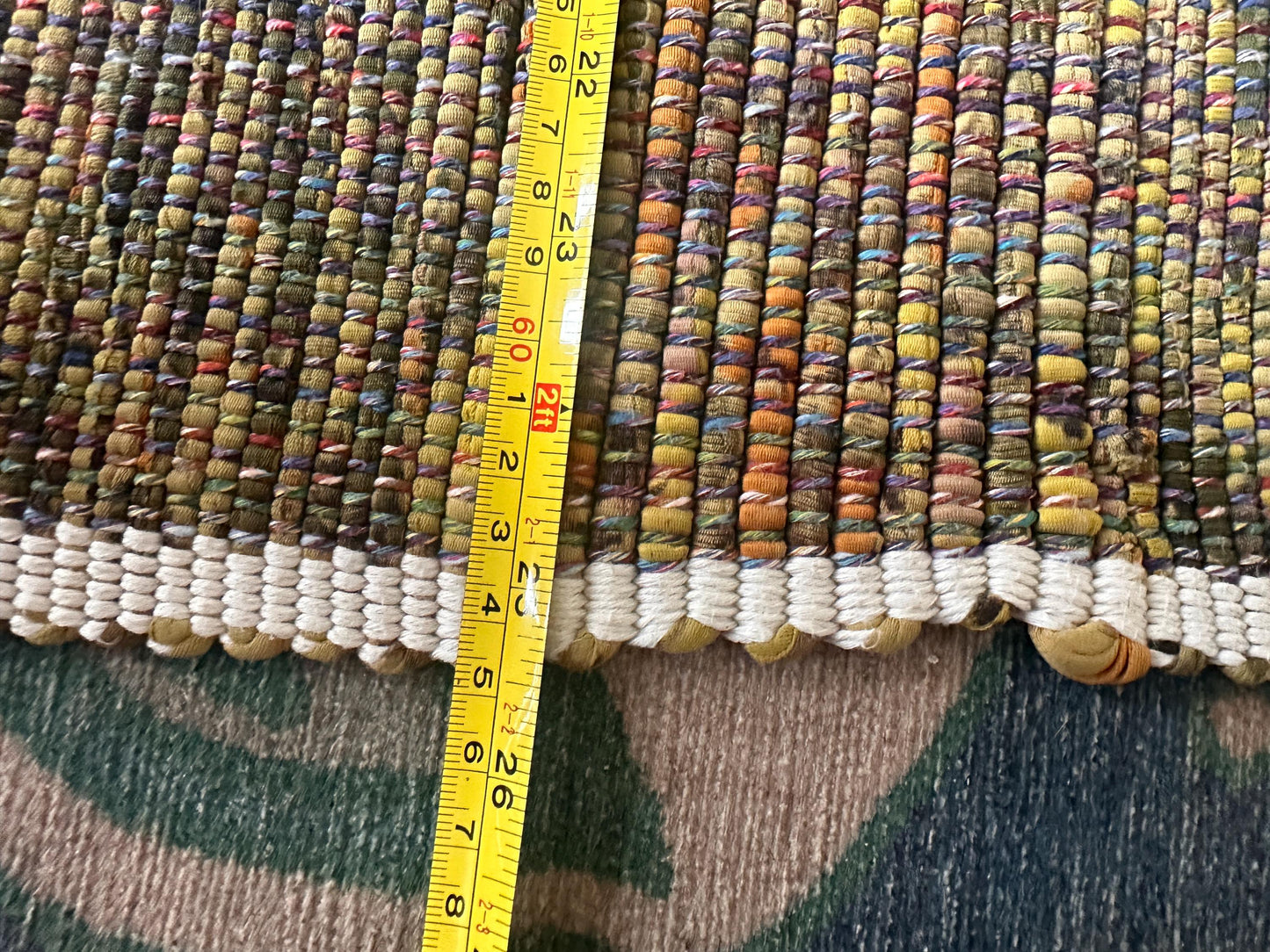 Vintage Hand Woven Cotton Runner Rug Olive Green Lime Purple White Fringe Boho Farmhouse 102” x 25”