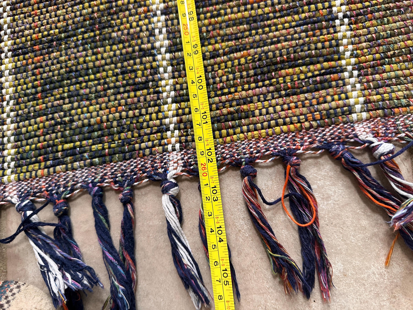 Vintage Hand Woven Cotton Runner Rug Olive Green Lime Purple White Fringe Boho Farmhouse 102” x 25”