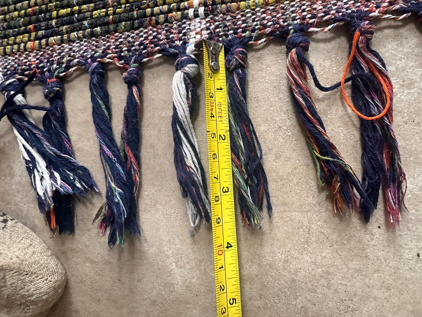 Vintage Hand Woven Cotton Runner Rug Olive Green Lime Purple White Fringe Boho Farmhouse 102” x 25”