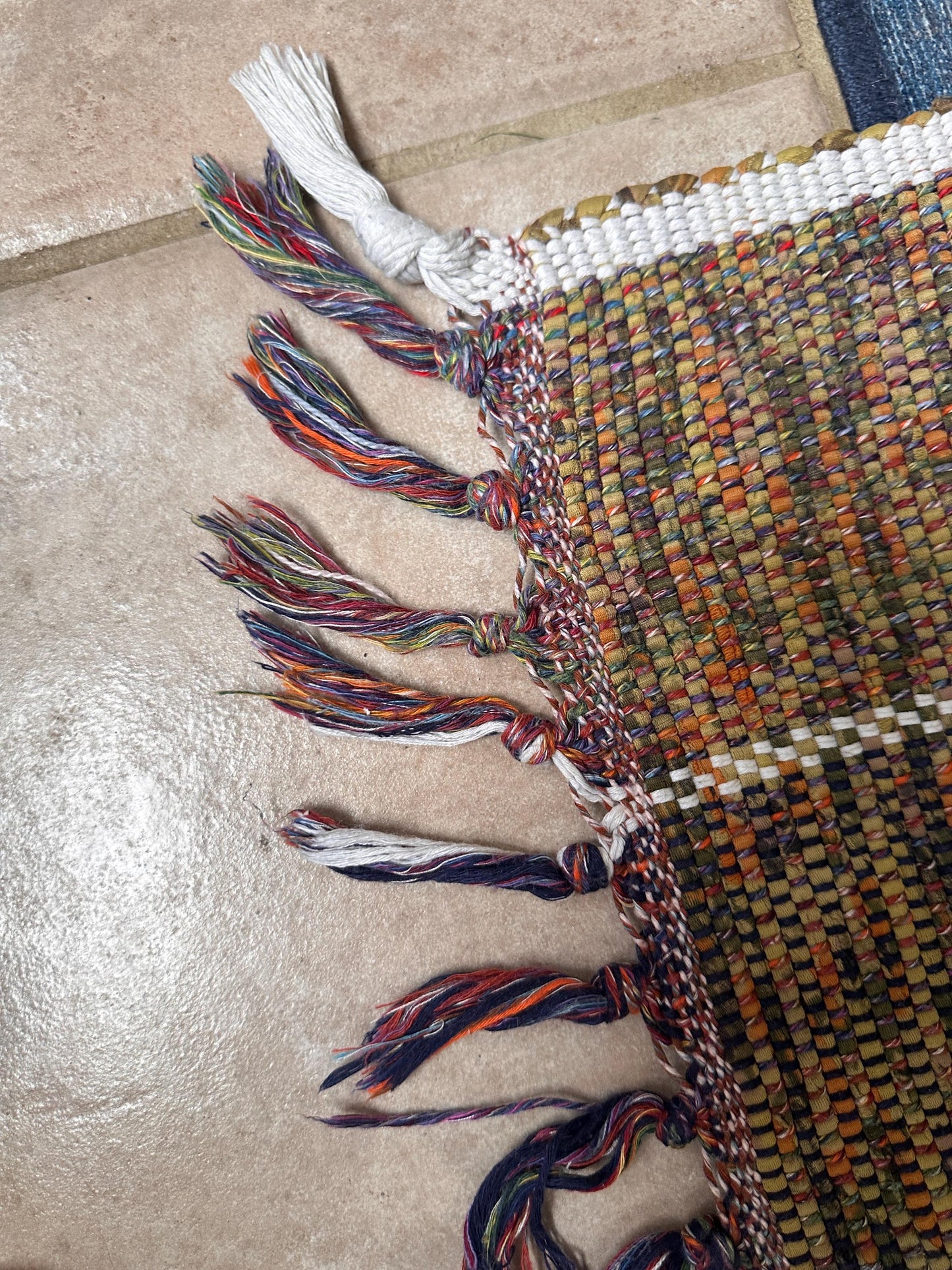 Vintage Hand Woven Cotton Runner Rug Olive Green Lime Purple White Fringe Boho Farmhouse 102” x 25”