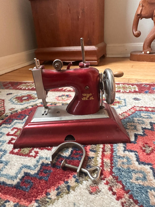 Vintage Casige German Child’s Sewing Machine Hand Crank Red Toy Sewing Machine Display Piece