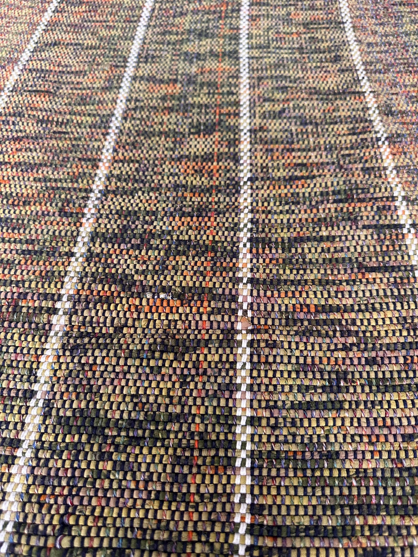 Vintage Hand Woven Cotton Runner Rug Olive Green Lime Purple White Fringe Boho Farmhouse 102” x 25”