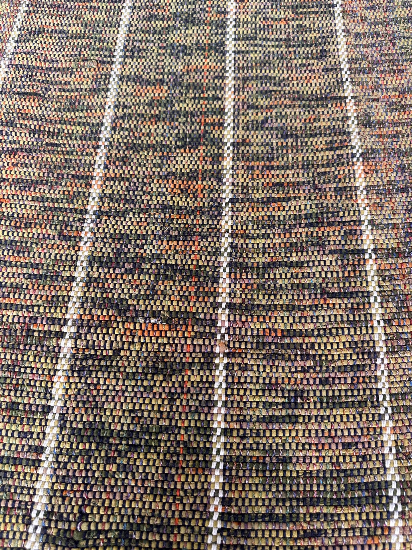 Vintage Hand Woven Cotton Runner Rug Olive Green Lime Purple White Fringe Boho Farmhouse 102” x 25”
