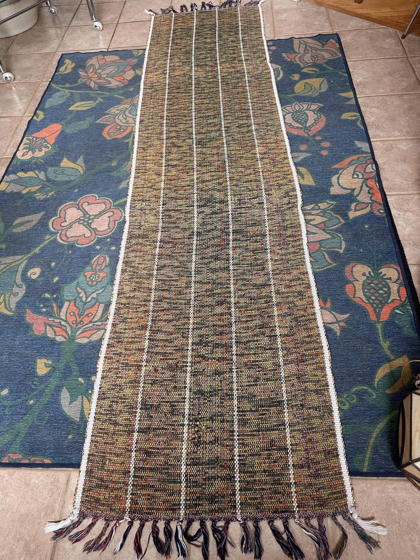 Vintage Hand Woven Cotton Runner Rug Olive Green Lime Purple White Fringe Boho Farmhouse 102” x 25”