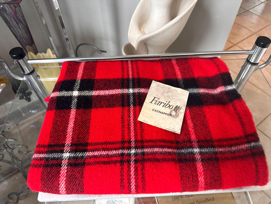 Vintage Fairbanks “Catnapper” Red Tartan Fringed Blanket with Original Pamphlet & Protective Bag – Cabin Lodge Decor – 52” x 40”