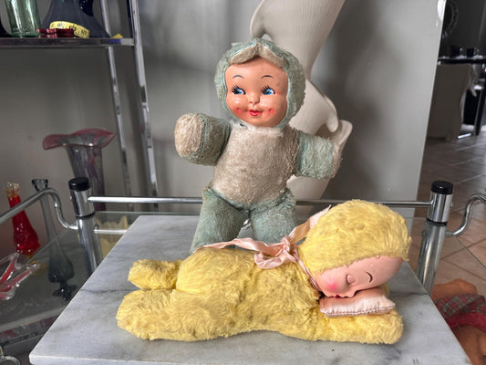 Vintage Rubber-Faced Plush Baby Dolls – Set of 2 – One sleeping Yellow +  One Blue– Mid Century Stuffed Babies – Plush Collectibles