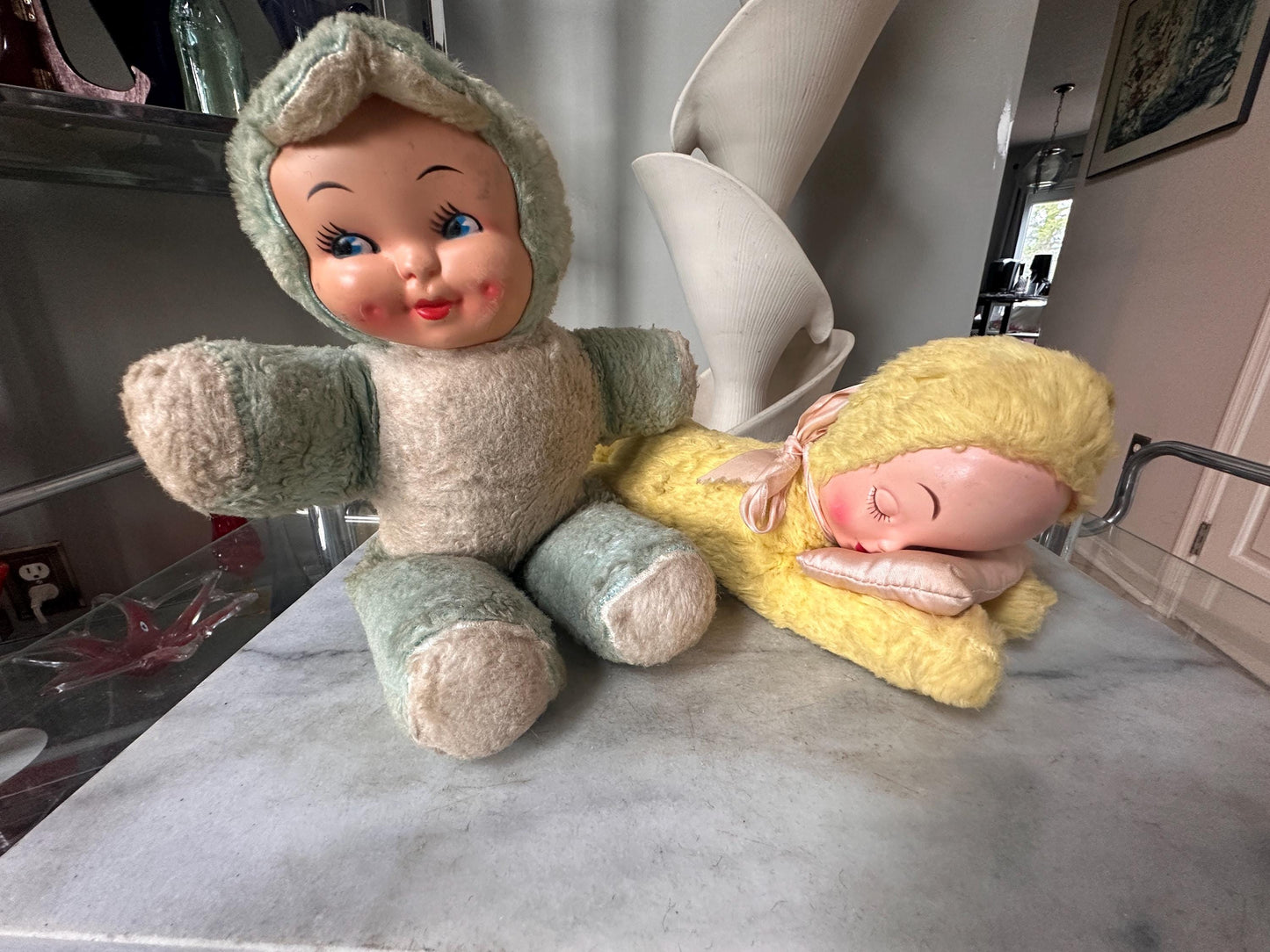 Vintage Rubber-Faced Plush Baby Dolls – Set of 2 – One sleeping Yellow +  One Blue– Mid Century Stuffed Babies – Plush Collectibles