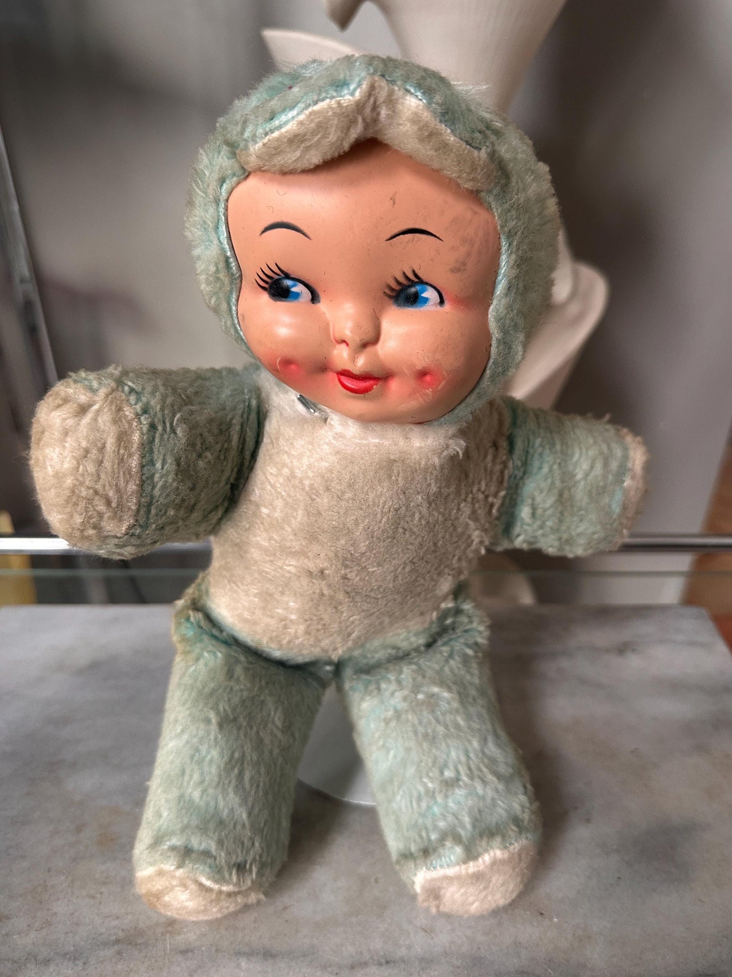 Vintage Rubber-Faced Plush Baby Dolls – Set of 2 – One sleeping Yellow +  One Blue– Mid Century Stuffed Babies – Plush Collectibles