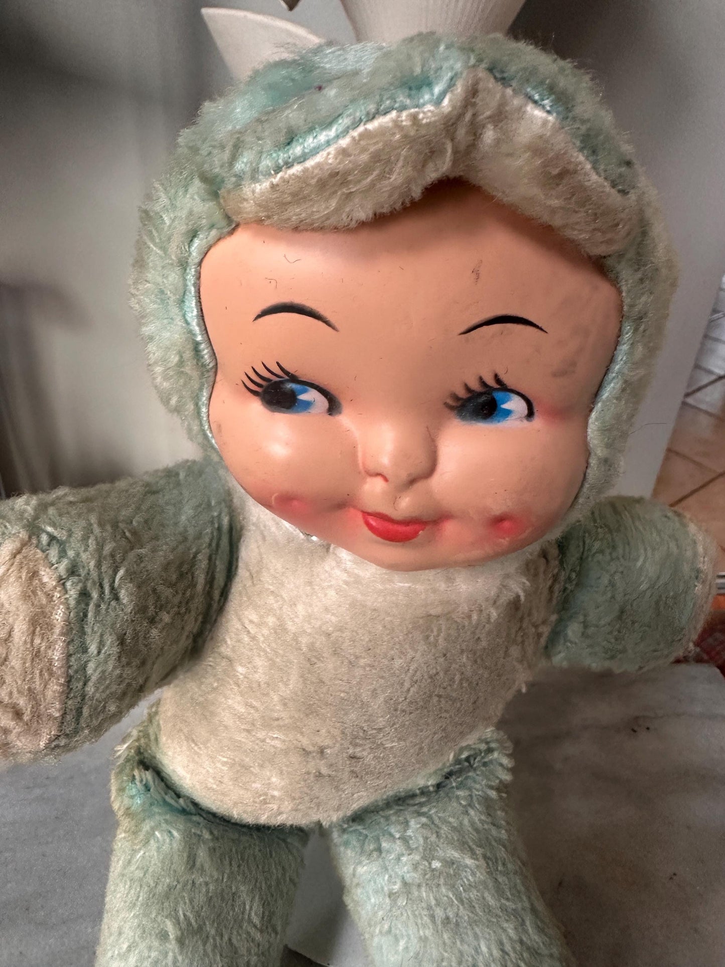 Vintage Rubber-Faced Plush Baby Dolls – Set of 2 – One sleeping Yellow +  One Blue– Mid Century Stuffed Babies – Plush Collectibles