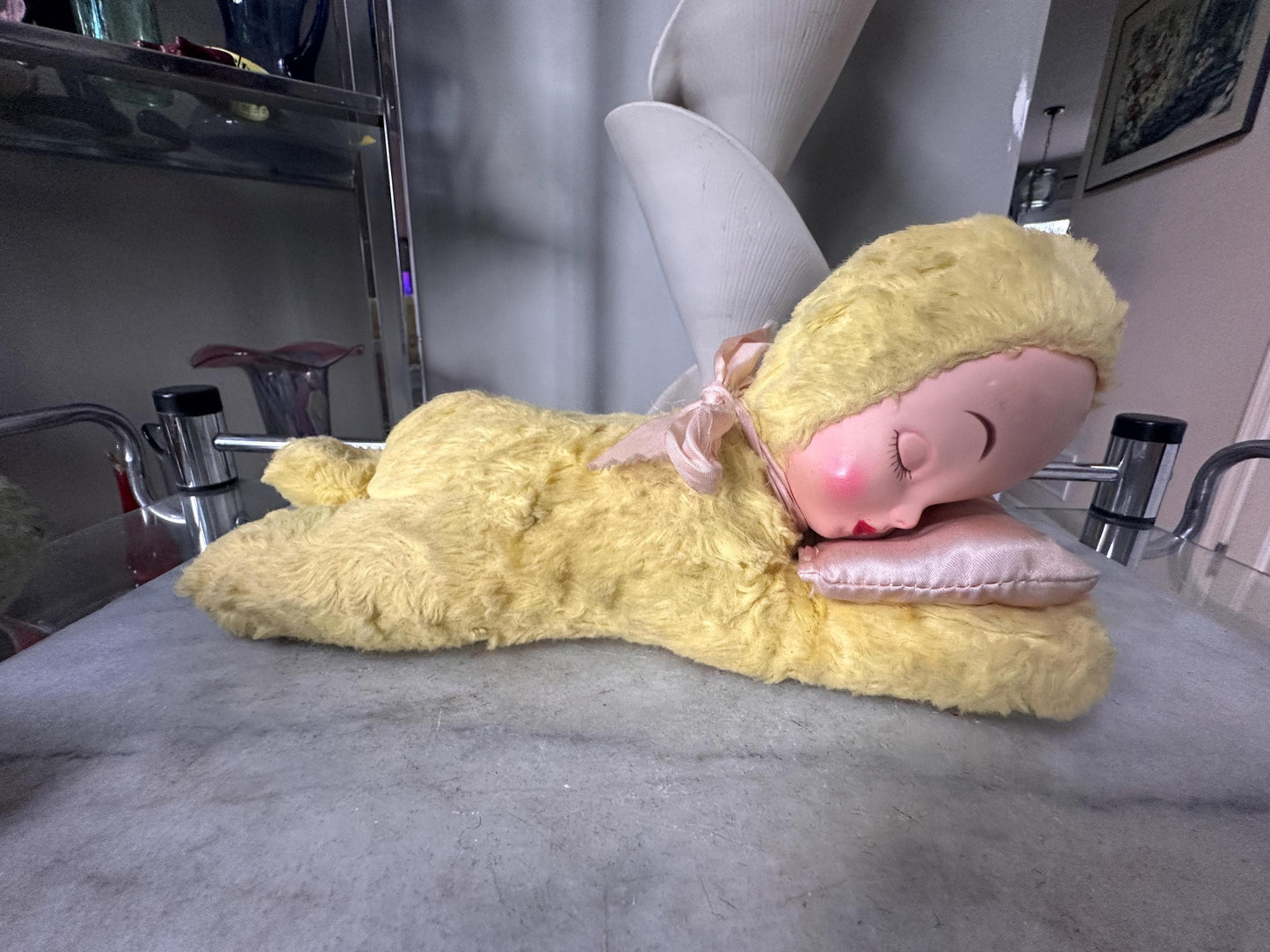 Vintage Rubber-Faced Plush Baby Dolls – Set of 2 – One sleeping Yellow +  One Blue– Mid Century Stuffed Babies – Plush Collectibles