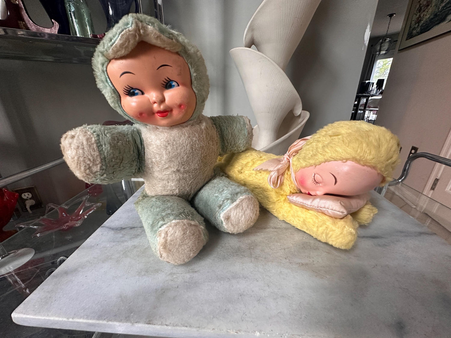 Vintage Rubber-Faced Plush Baby Dolls – Set of 2 – One sleeping Yellow +  One Blue– Mid Century Stuffed Babies – Plush Collectibles