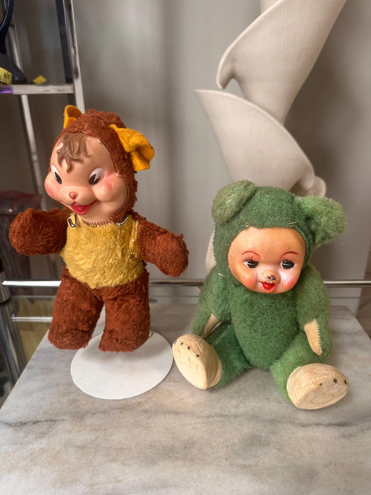 Vintage Rubber-Faced Plush Teddy Bears – Set of 2 – Jointed Arms + Legs – Mid Century Stuffed Bears – Brown/Yellow + Green Plush Collectible