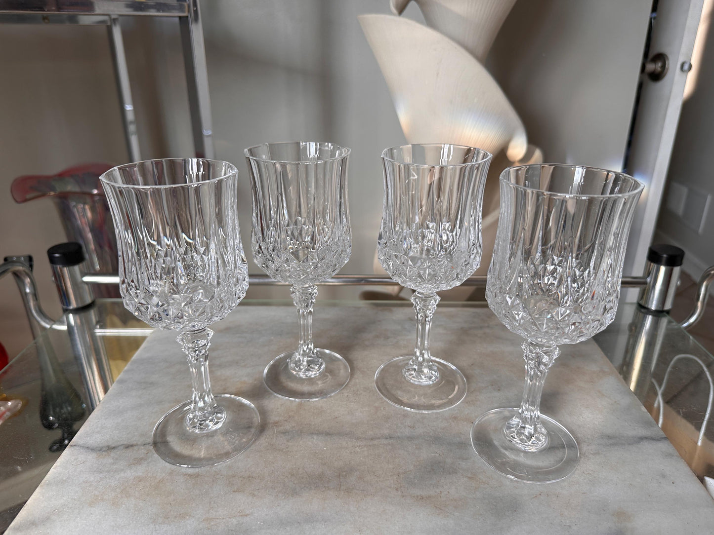 Vintage Cristal d’Arques Longchamp Crystal Wine Glasses – Set of 4 – French Crystal Stemware – 7.25” Tall