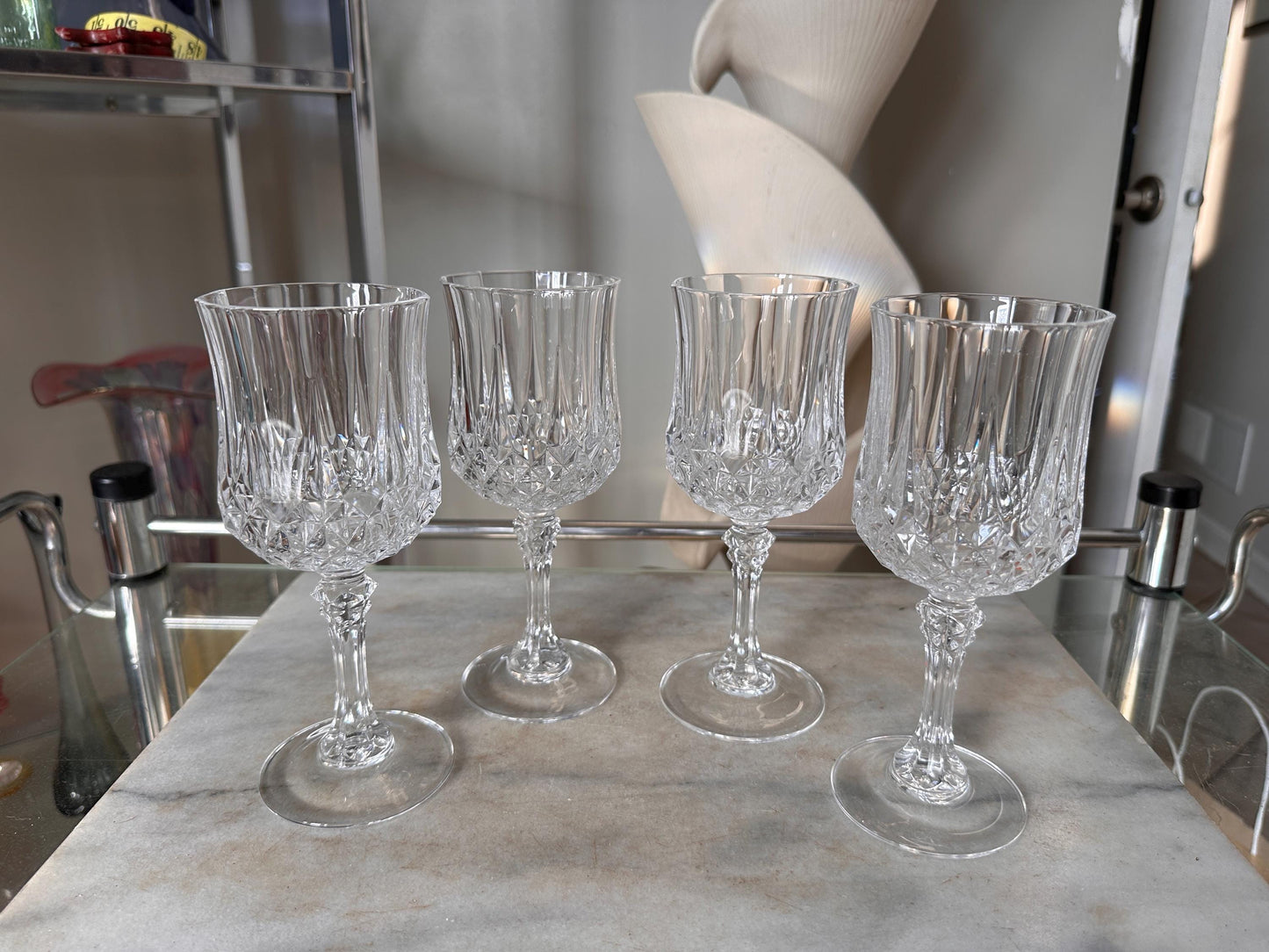 Vintage Cristal d’Arques Longchamp Crystal Wine Glasses – Set of 4 – French Crystal Stemware – 7.25” Tall