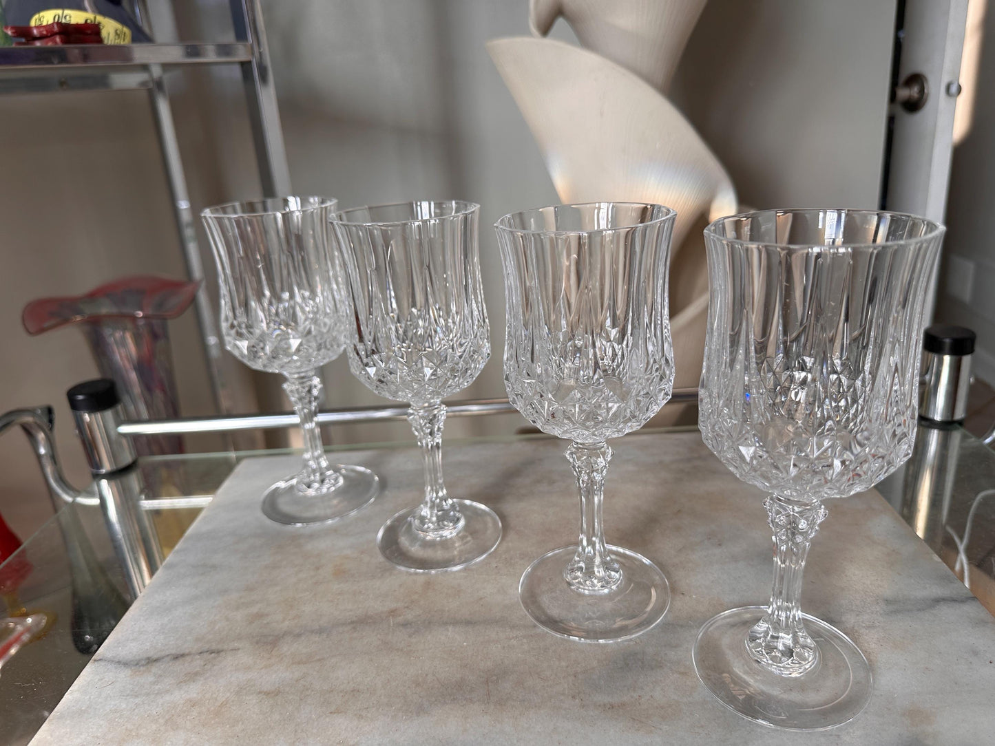 Vintage Cristal d’Arques Longchamp Crystal Wine Glasses – Set of 4 – French Crystal Stemware – 7.25” Tall