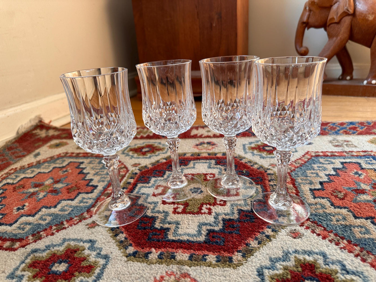 Vintage Cristal d’Arques Longchamp Crystal Wine Glasses – Set of 4 – French Crystal Stemware – 7.25” Tall