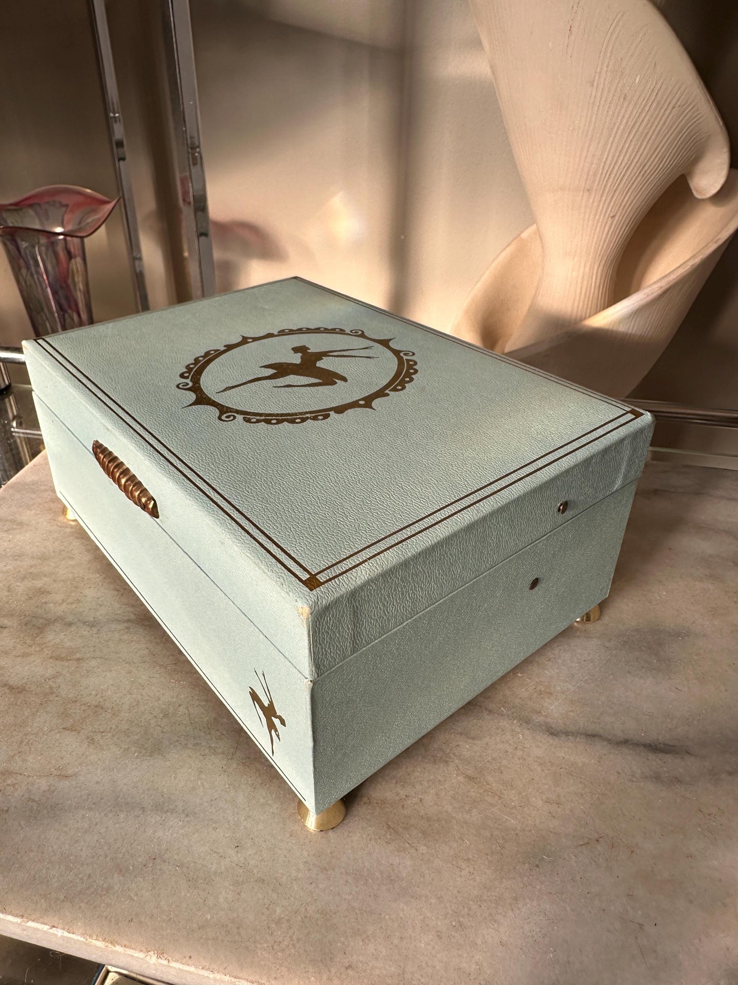 Vintage Powder Blue & Pink Ballerina Musical Jewelry Box – Mid Century Jewelry Chest – Retro Girl’s Keepsake Box – 8.5” x 4”