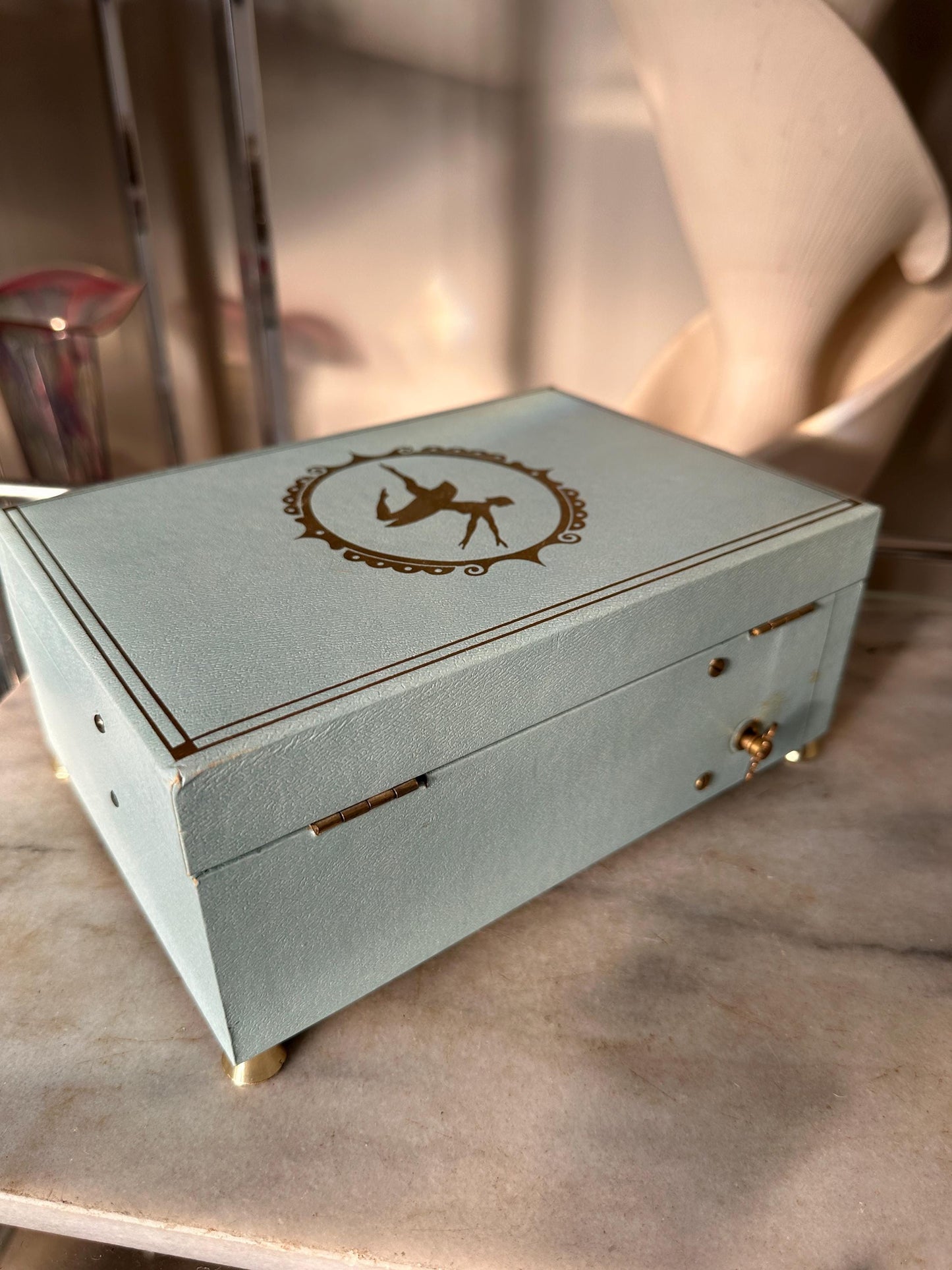Vintage Powder Blue & Pink Ballerina Musical Jewelry Box – Mid Century Jewelry Chest – Retro Girl’s Keepsake Box – 8.5” x 4”