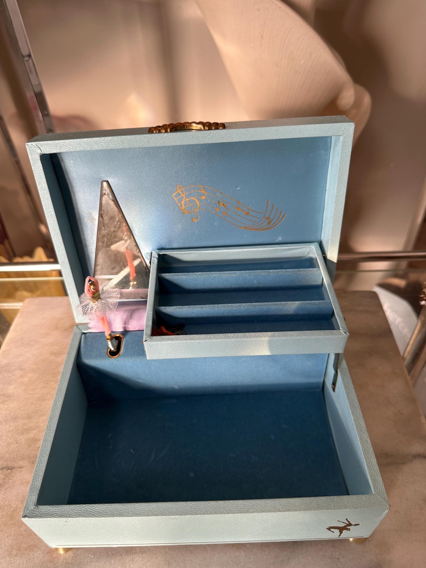Vintage Powder Blue & Pink Ballerina Musical Jewelry Box – Mid Century Jewelry Chest – Retro Girl’s Keepsake Box – 8.5” x 4”