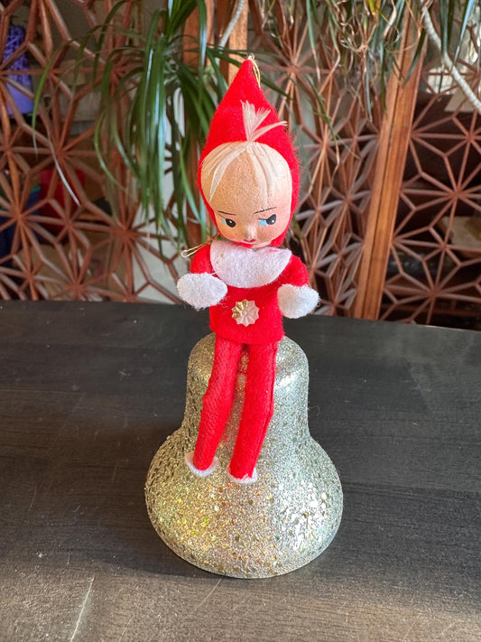 Vintage 1960s Japan Pixie Elf Ornament on Gold Mica Glitter Bell | Red Felt Christmas Elf Decoration | Retro Holiday Décor 5.5”