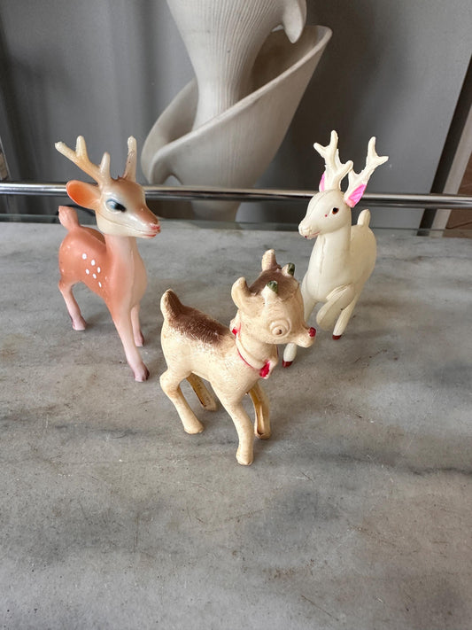 Vintage Rudolph Reindeer Ornaments Set, Mid-Century Plastic or Rubber Christmas Decorations