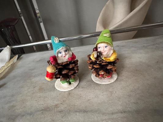Set of 2 Vintage Pinecone Putz Elf Gnomes, Made in Japan Christmas Decor