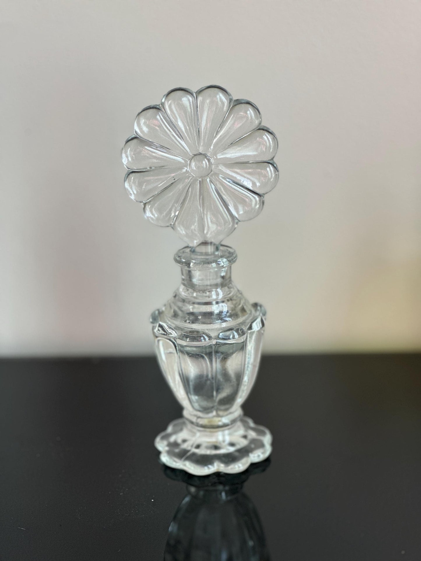 Vintage Perfume Bottle With Elaborate Flower  Stopper Gorgeous Display Exceptional Gift