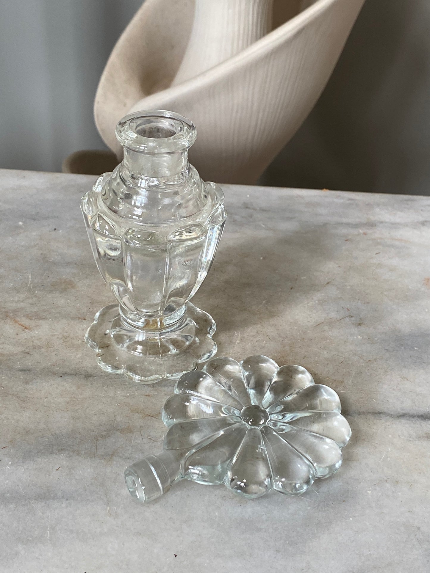 Vintage Perfume Bottle With Elaborate Flower  Stopper Gorgeous Display Exceptional Gift