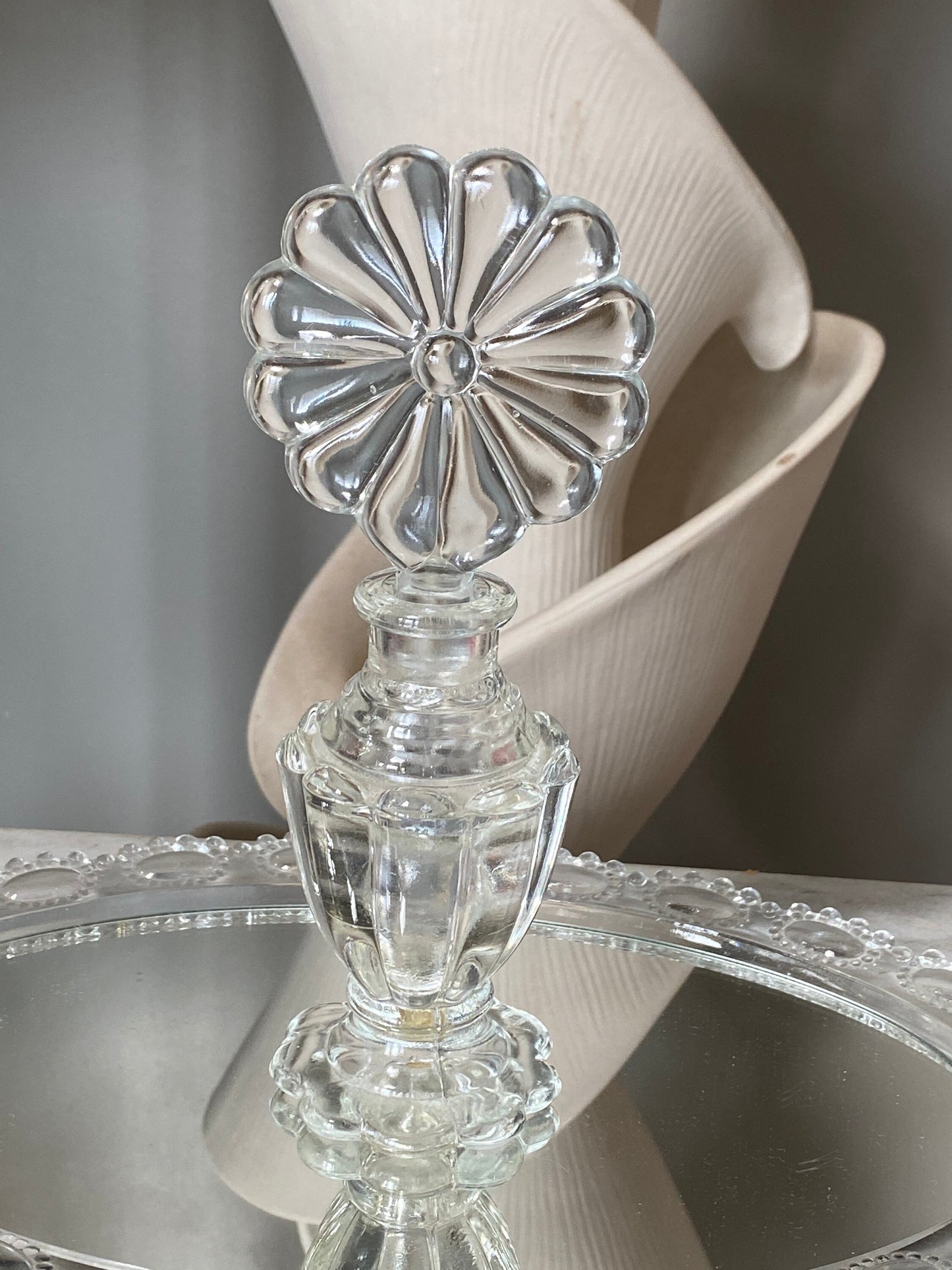Vintage Perfume Bottle With Elaborate Flower  Stopper Gorgeous Display Exceptional Gift