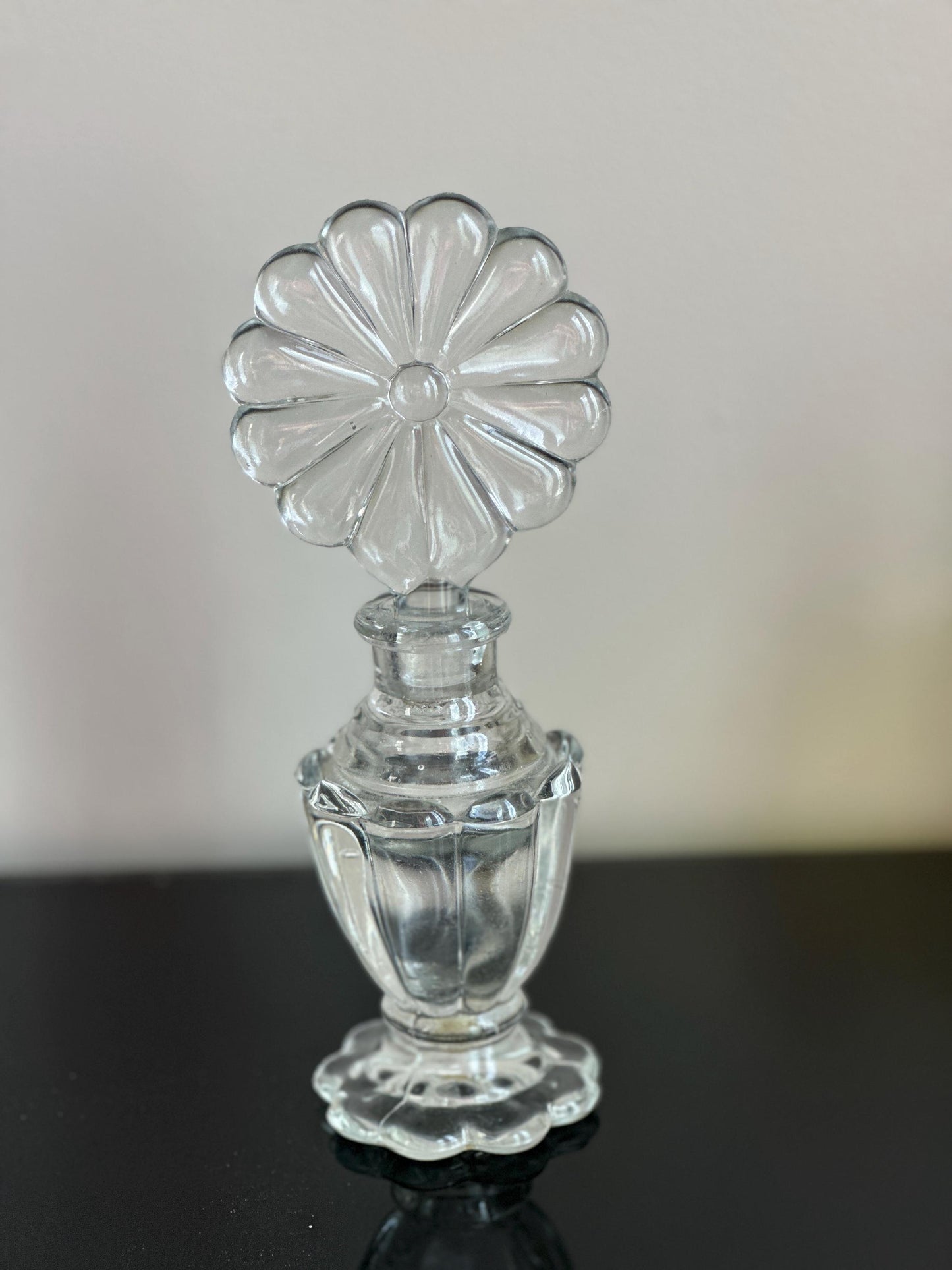 Vintage Perfume Bottle With Elaborate Flower  Stopper Gorgeous Display Exceptional Gift