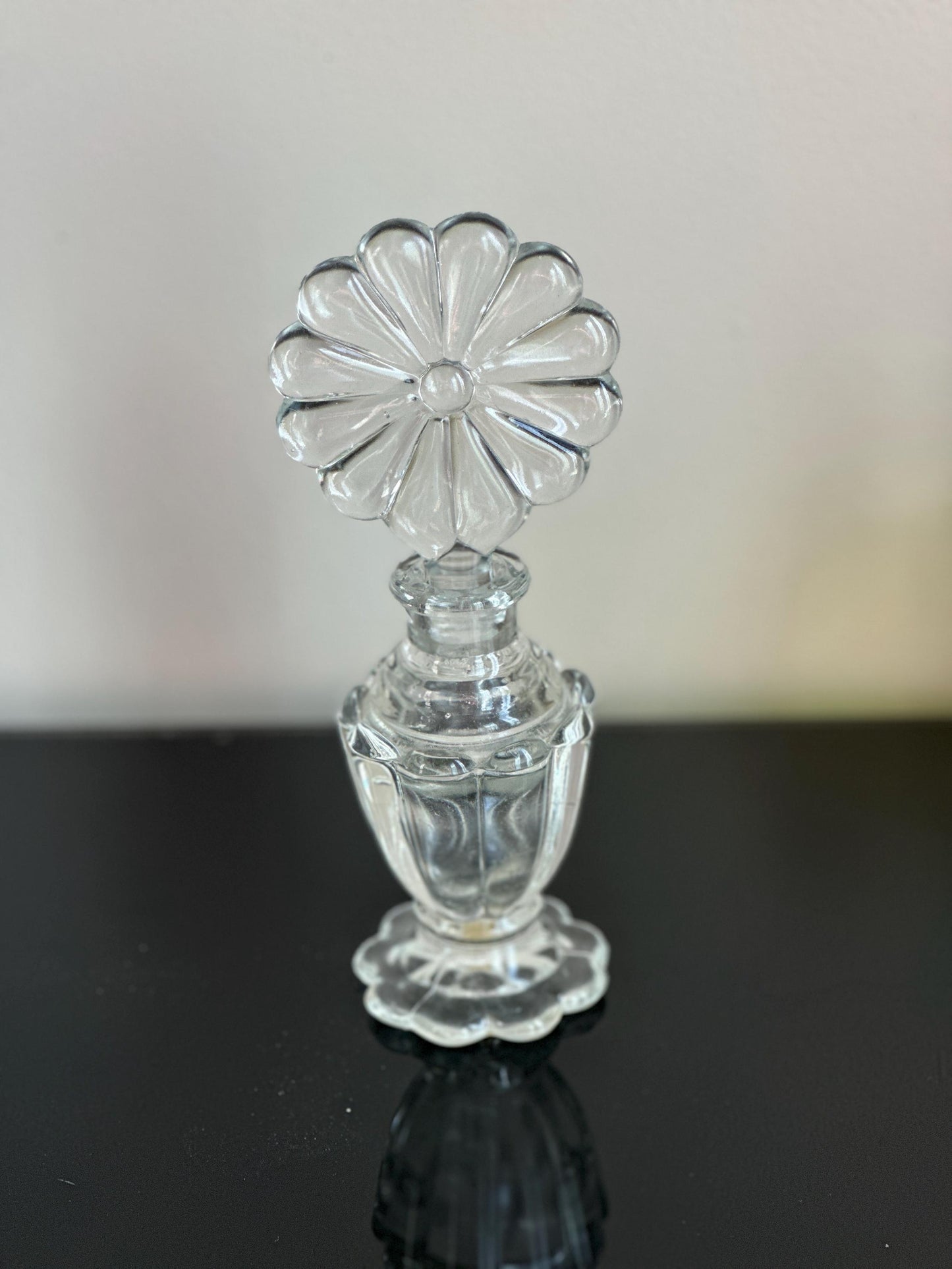 Vintage Perfume Bottle With Elaborate Flower  Stopper Gorgeous Display Exceptional Gift