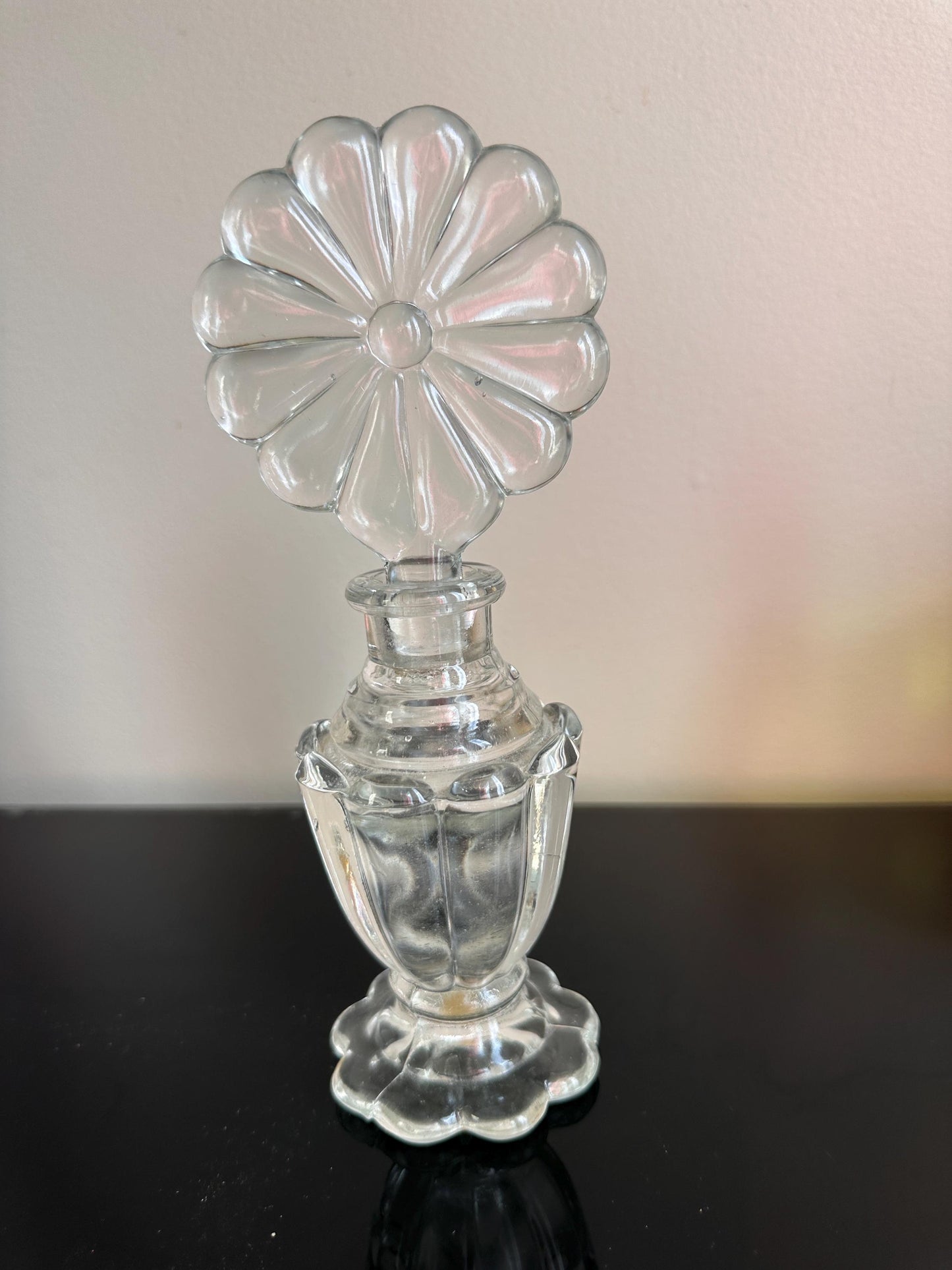 Vintage Perfume Bottle With Elaborate Flower  Stopper Gorgeous Display Exceptional Gift