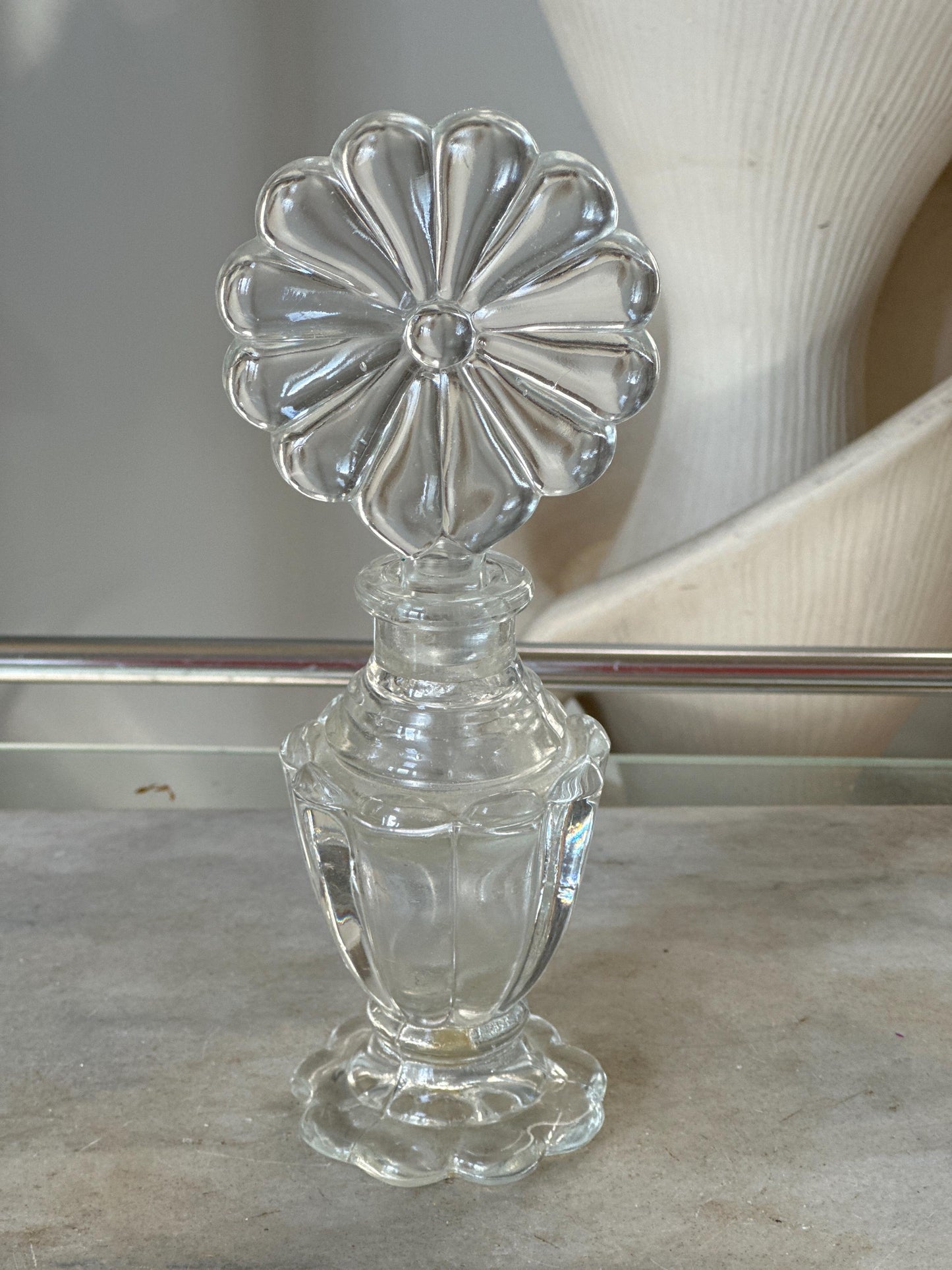 Vintage Perfume Bottle With Elaborate Flower  Stopper Gorgeous Display Exceptional Gift