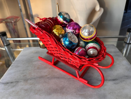 Vintage Red Wicker Santa Sleigh Basket with 15 Mercury Glass Christmas Ornaments | Shiny Brite, Atomic, Stenciled & West German Fruit