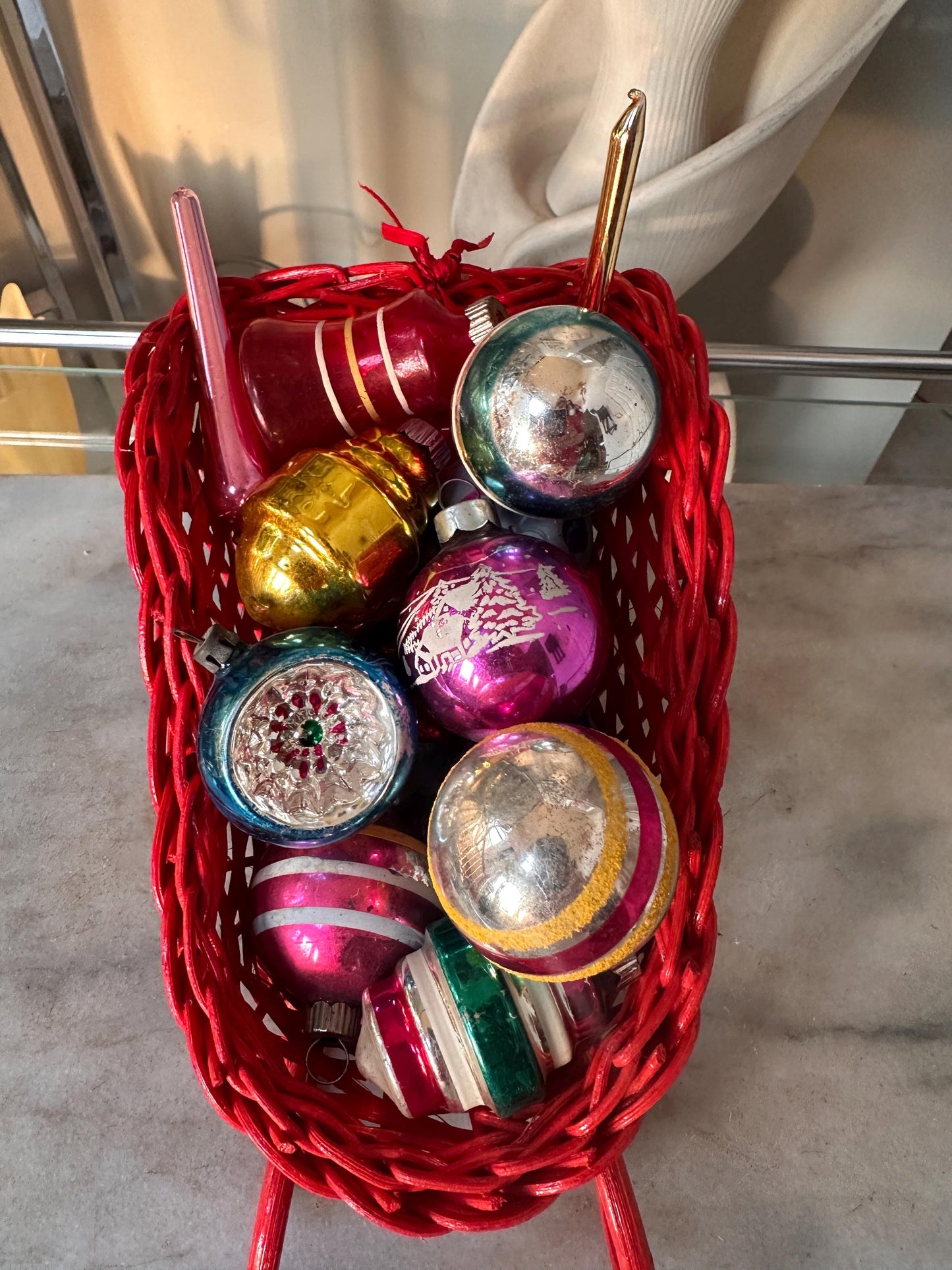 Vintage Red Wicker Santa Sleigh Basket with 15 Mercury Glass Christmas Ornaments | Shiny Brite, Atomic, Stenciled & West German Fruit