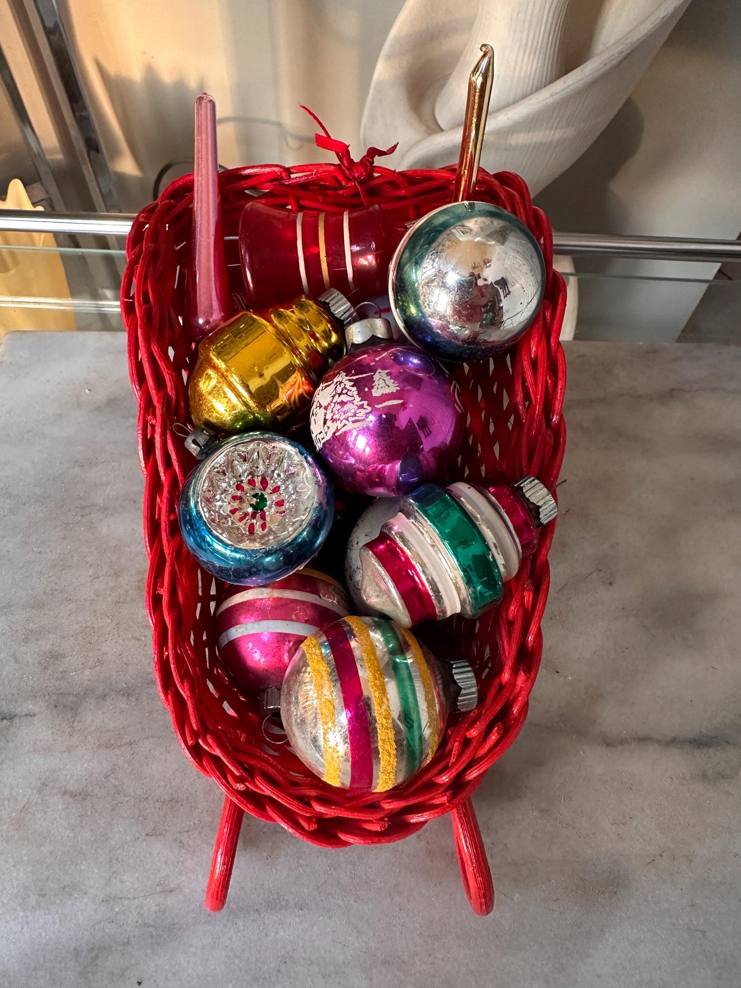 Vintage Red Wicker Santa Sleigh Basket with 15 Mercury Glass Christmas Ornaments | Shiny Brite, Atomic, Stenciled & West German Fruit